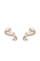 Sleek S-Shape Earrings, 18k Yellow Gold with Akoya Pearls & Diamonds